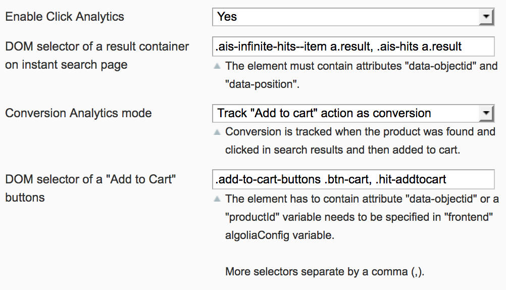 Settings of click & conversion analytics feature