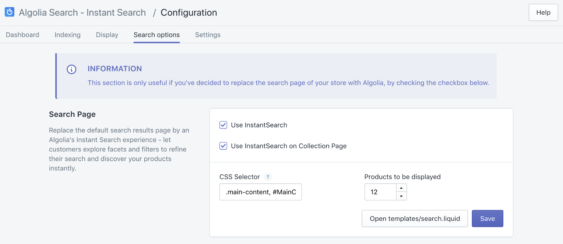 The search options screen in the Shopify admin