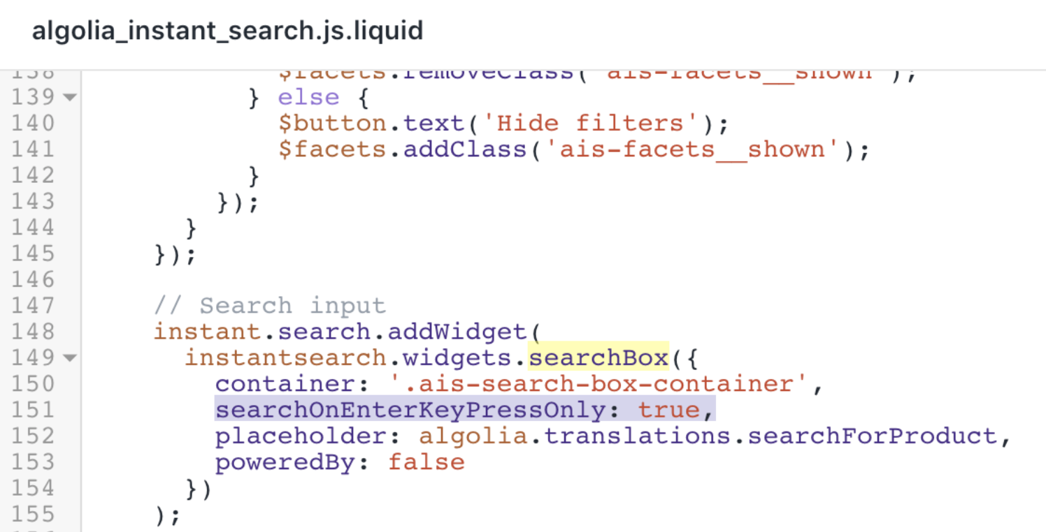 Snippet algolia InstantSearch settings