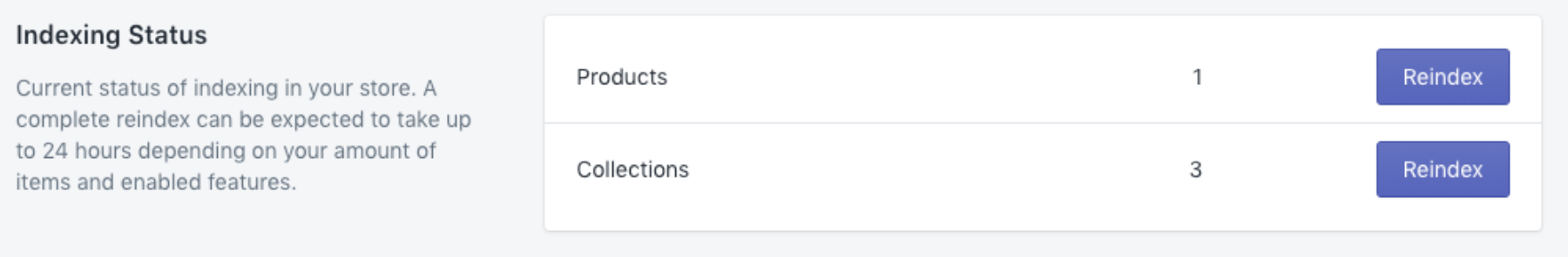 Indexing status screen in the Shopify admin